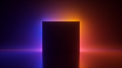 3d render illustration of dark black rectangle against a radiant vibrant gradient backdrop. Mysterious silhouette against rainbow gradient. Black hole with ambiance light effect.