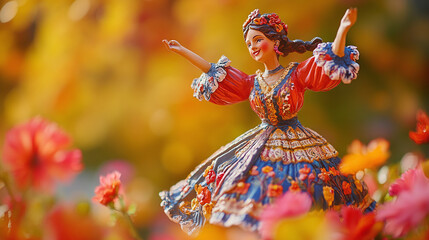 Naklejka premium A joyful Eastern European folk dancer statue, surrounded by colorful flowers, on a bright orange background