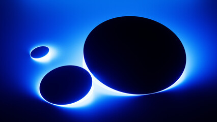 3d render. Abstract geometric wallpaper. Round shape illuminated by bright neon blue light in the dark. The vivid glow creates a striking contrast against the black background. Modern wall lamp