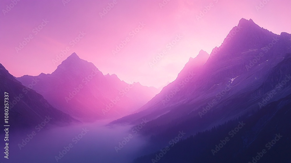 Poster Sunrise over a misty mountain range with soft pastel colors creating a calming and peaceful atmosphere with side empty space for text Stockphoto style