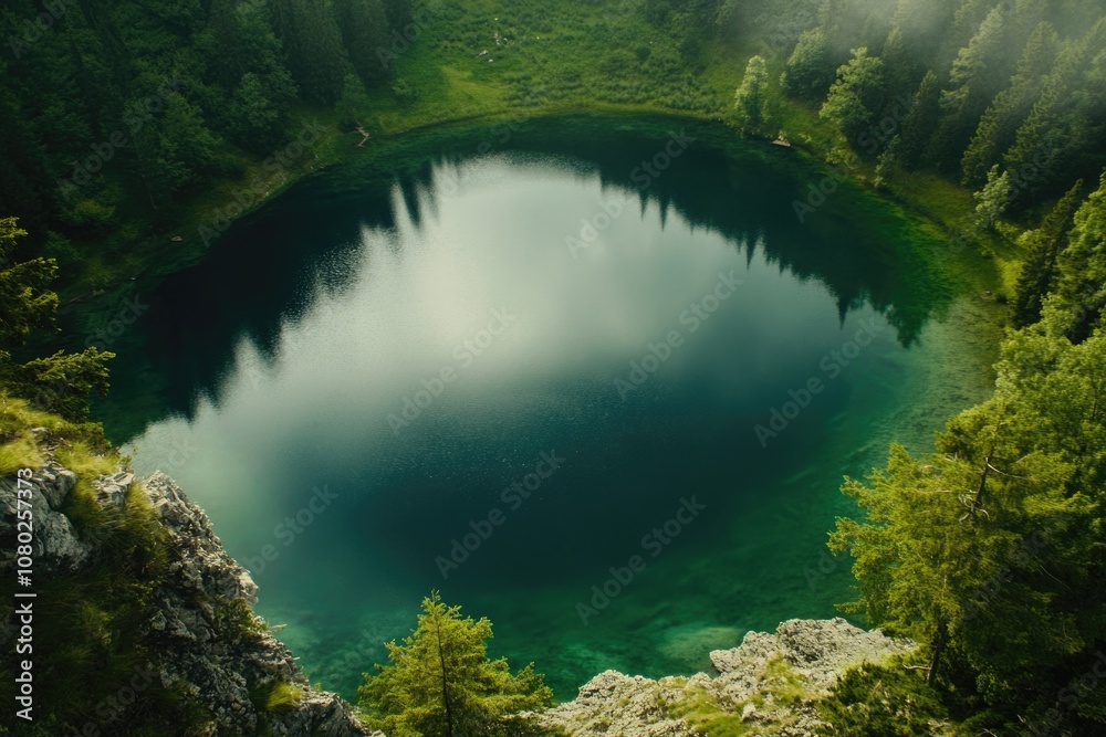 Poster a serene lake surrounded by lush trees in a dense forest