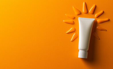 Sunscreen tube with sun design on vibrant orange background