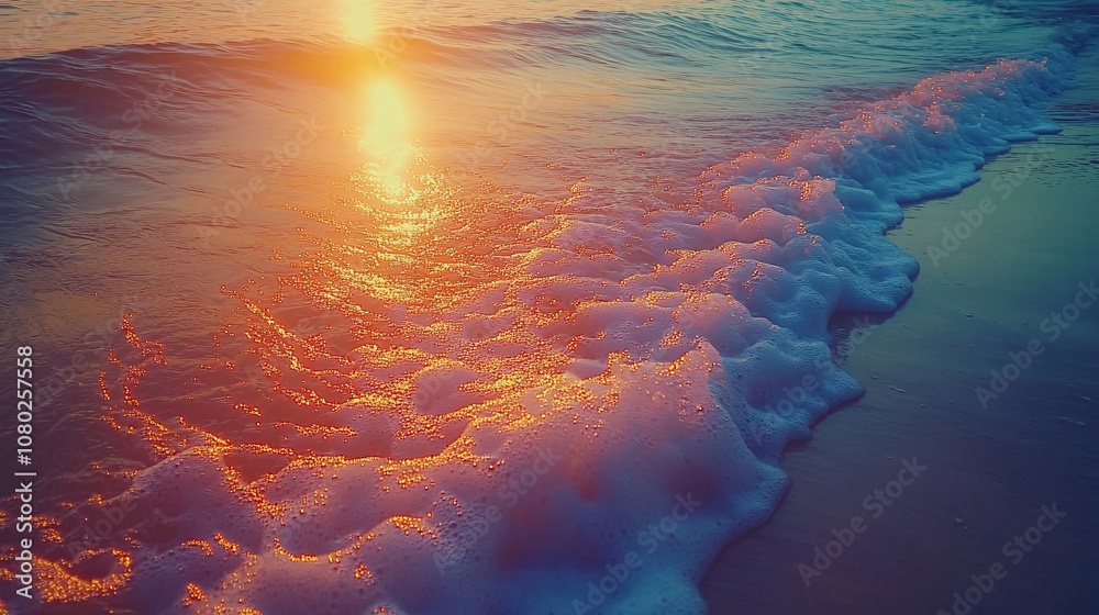 Poster gentle waves lapping on a quiet sandy beach with a pink and orange sunset reflecting on the water fo