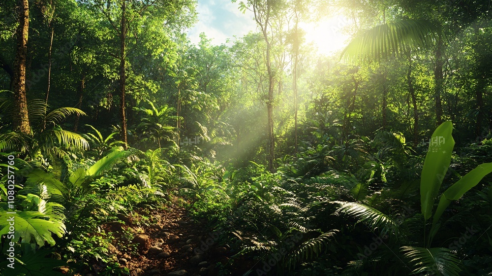 Poster Pathway through a dense green forest with sunlight filtering through the trees for a sense of peace and tranquility with side empty space for text Stockphoto style
