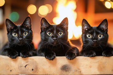 Three Black Cats Looking at the Camera.