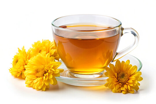 Glass of chrysanthemum tea or a cup of hot tea, isolated on white background