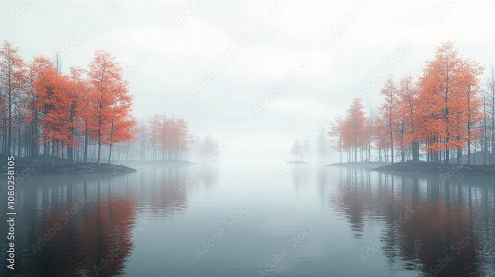 Aufkleber A still lake surrounded by autumn trees with leaves in shades of orange and red reflecting in the calm water with side empty space for text Stockphoto style
