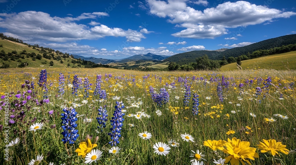 Poster wildflowers in a grassy meadow under a bright blue sky conveying a sense of freshness and simplicity