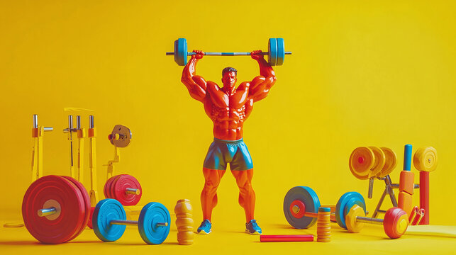 .A powerful crossfitter statue lifting weights, surrounded by vibrant gym equipment, on a bright yellow background