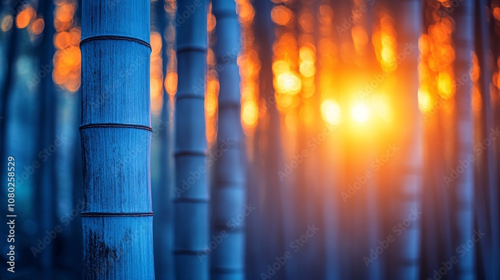 Aufkleber Sunlight streaming through tall bamboo stalks in a quiet bamboo forest creating a sense of calm and serenity with side empty space for text Stockphoto style