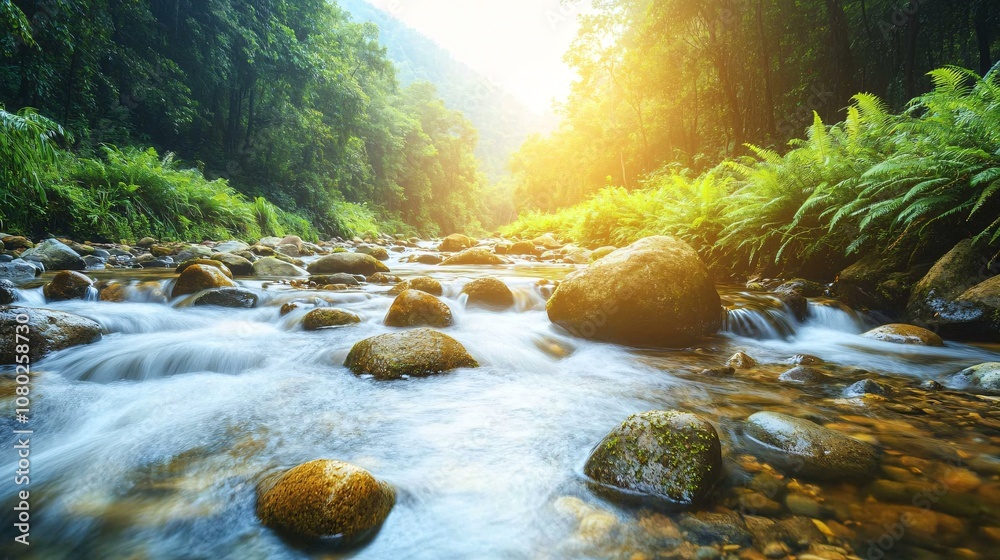 Leinwandbilder mountain stream flowing over smooth stones surrounded by ferns and moss with a soft, peaceful ambian
