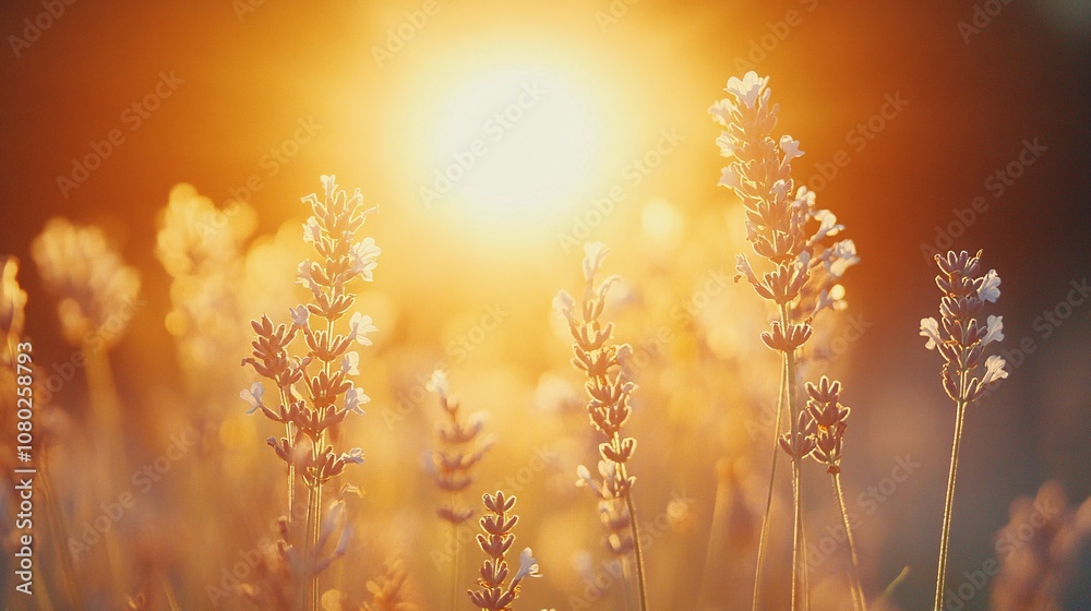 Aufkleber Soft focus of lavender fields under a setting sun creating a dreamy atmosphere perfect for relaxation themes with side empty space for text Stockphoto style