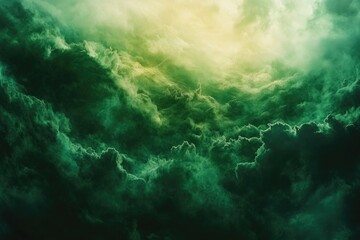 Fototapeta premium A plane soaring through a cloudy green sky with a few white puffy clouds