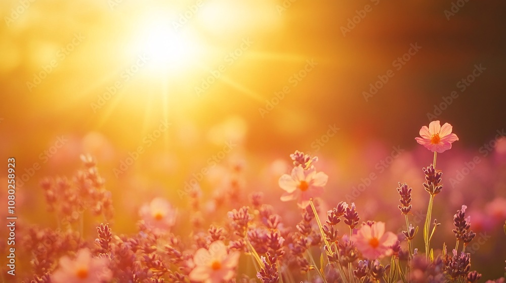 Poster Soft focus of lavender fields under a setting sun creating a dreamy atmosphere perfect for relaxation themes with side empty space for text Stockphoto style