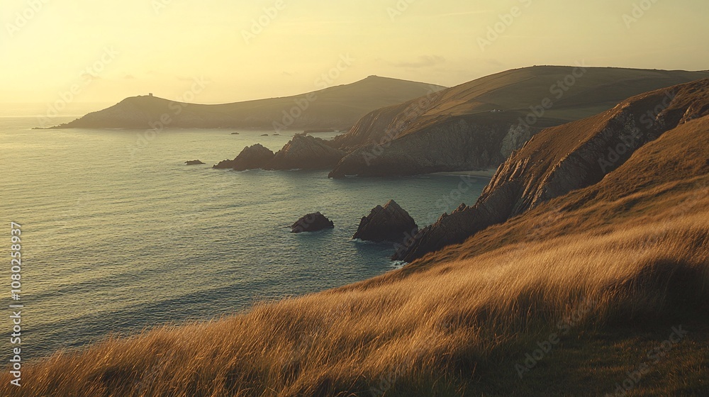 Poster seaside cliffs with grassy slopes overlooking a tranquil ocean at sunrise providing a peaceful coast