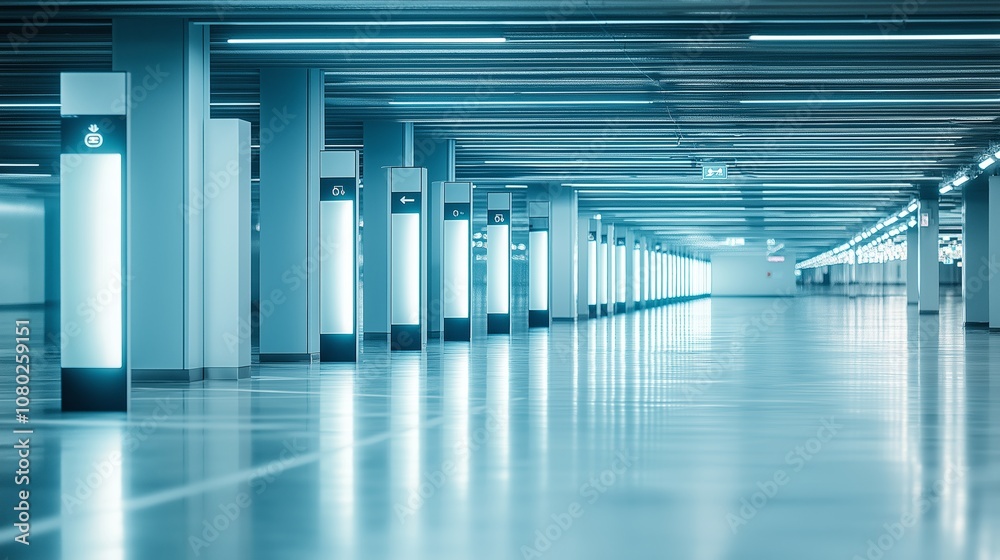 Poster modern empty parking lot with futuristic design and clean blue tones, showcasing symmetry and minima