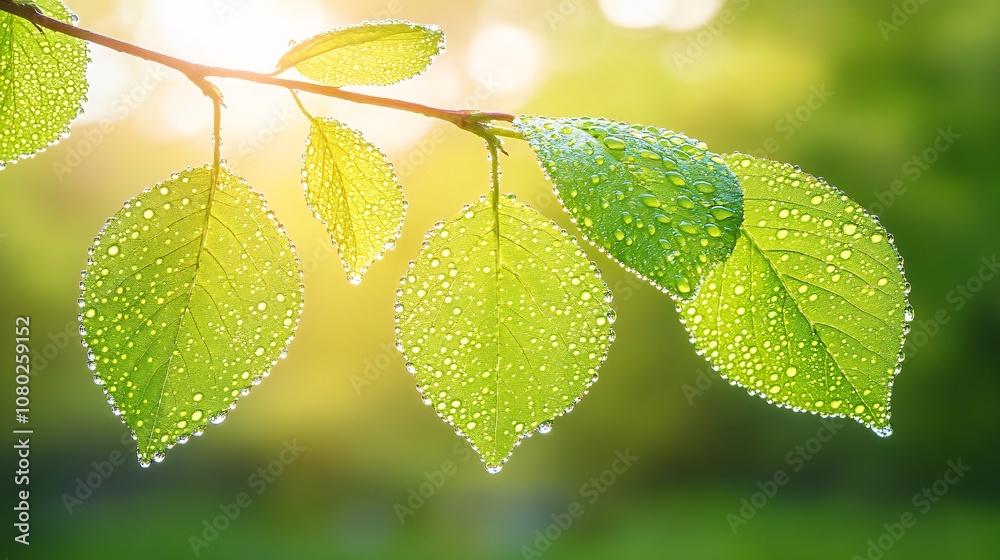 Poster close-up of dewdrops on green leaves in early morning light capturing the purity and freshness of na