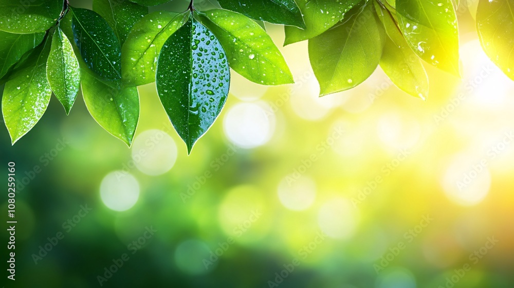 Poster close-up of dewdrops on green leaves in early morning light capturing the purity and freshness of na
