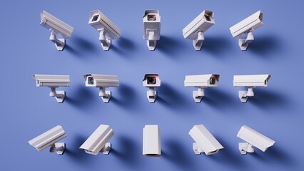 Multiple video cameras on a blue wall, focused all directions. Metaphor of total control. Security monitoring. 3d render