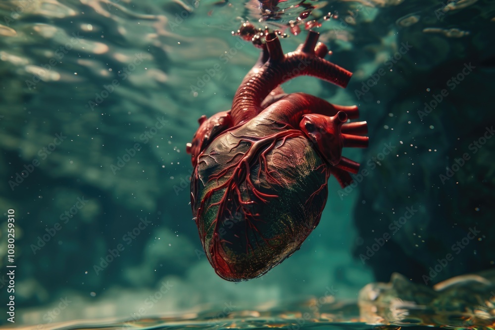 Poster a human heart is seen floating on the surface of the water, with no other objects or context
