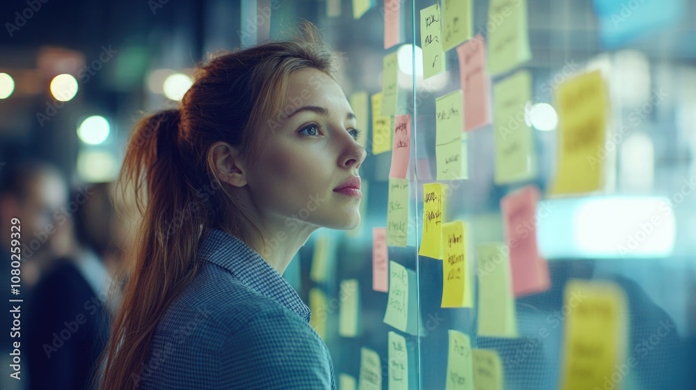 Poster a person standing in front of a wall filled with colorful sticky notes, great for use as a creative 