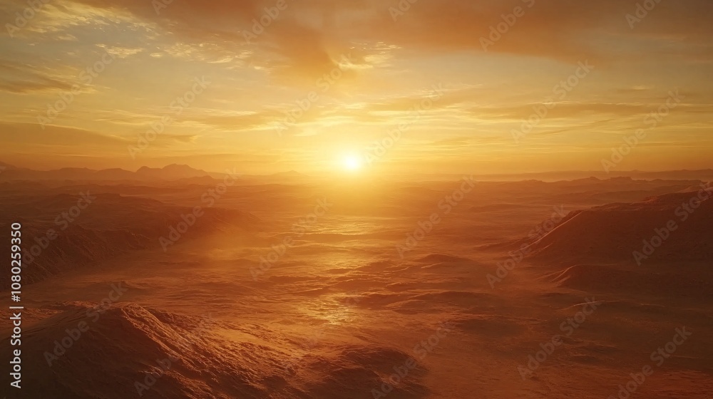 Aufkleber Expansive desert landscape at dawn with gentle dunes and soft, warm colors providing a calm and contemplative space with side empty space for text Stockphoto style