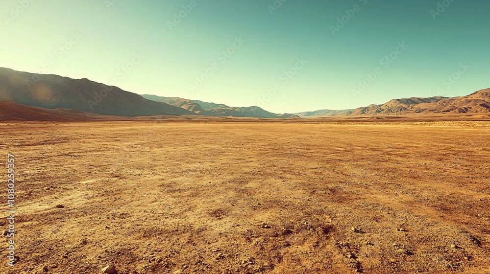 Poster Expansive desert landscape at dawn with gentle dunes and soft, warm colors providing a calm and contemplative space with side empty space for text Stockphoto style