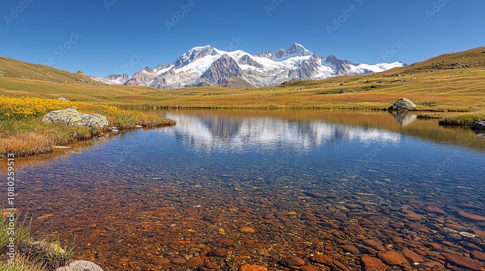 Poster Alpine lake with clear water reflecting snow-capped mountains under a cloudless sky capturing pure tranquility with side empty space for text Stockphoto style