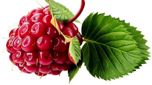 A single, ripe raspberry with green leaves sits on a white background