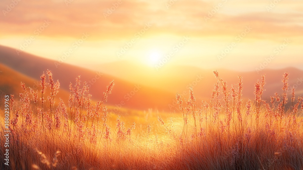 Poster open meadow with tall grass and wildflowers swaying gently in the breeze under a pastel-colored suns