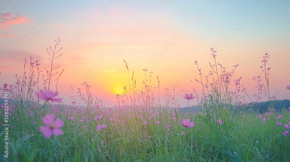 Poster open meadow with tall grass and wildflowers swaying gently in the breeze under a pastel-colored suns
