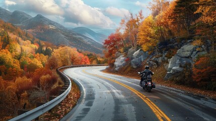 Naklejka premium Motorcycle on a winding mountain road with fall foliage on a road trip