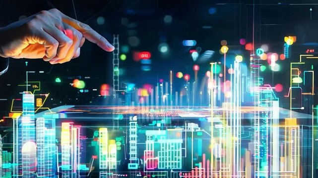 A hand of business man point to data histogram tablet illustration design	
