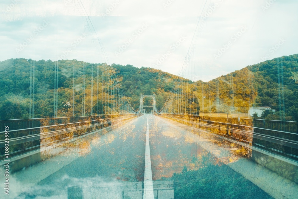 Poster reflection of a bridge in a car window