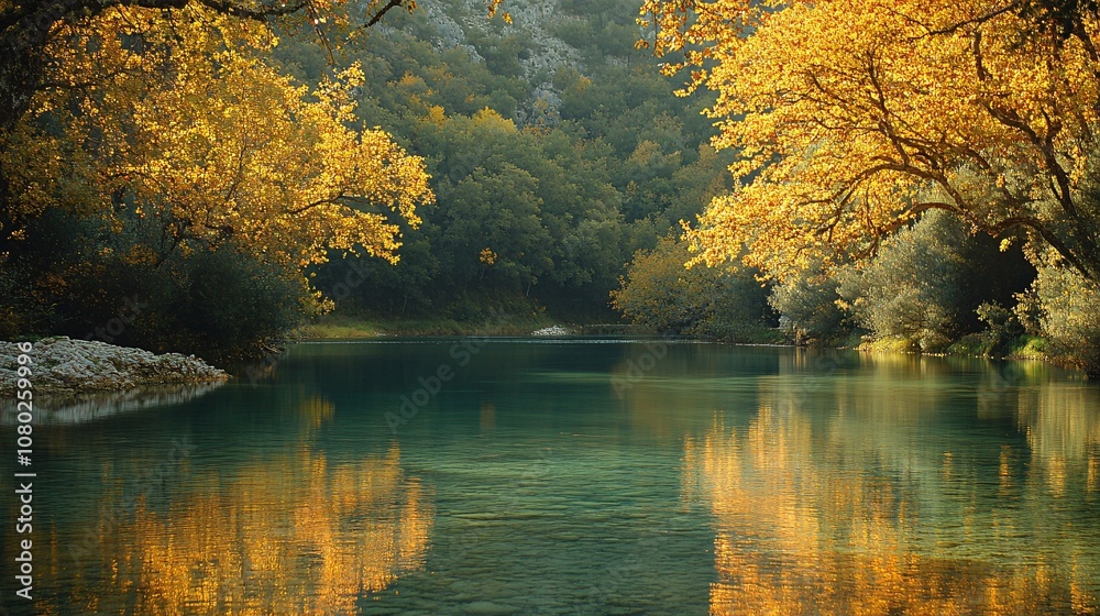 Poster Quiet river bend with clear water and a view of trees in early autumn colors reflecting on the surface with side empty space for text Stockphoto style