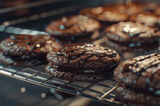 A collection of cookies stacked on a rack, ideal for bakeries or cafes