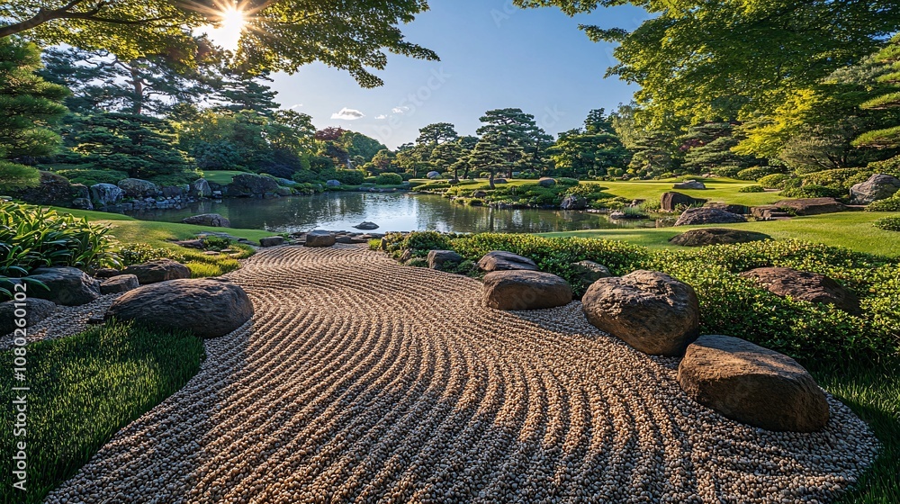 Aufkleber a tranquil japanese garden with carefully arranged stones and a peaceful pond surrounded by greenery