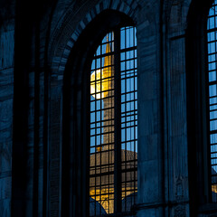 Full moon seen through a window of a mosque at night.