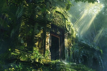 Ancient Stone Temple Overgrown With Lush Greenery and Sunbeams