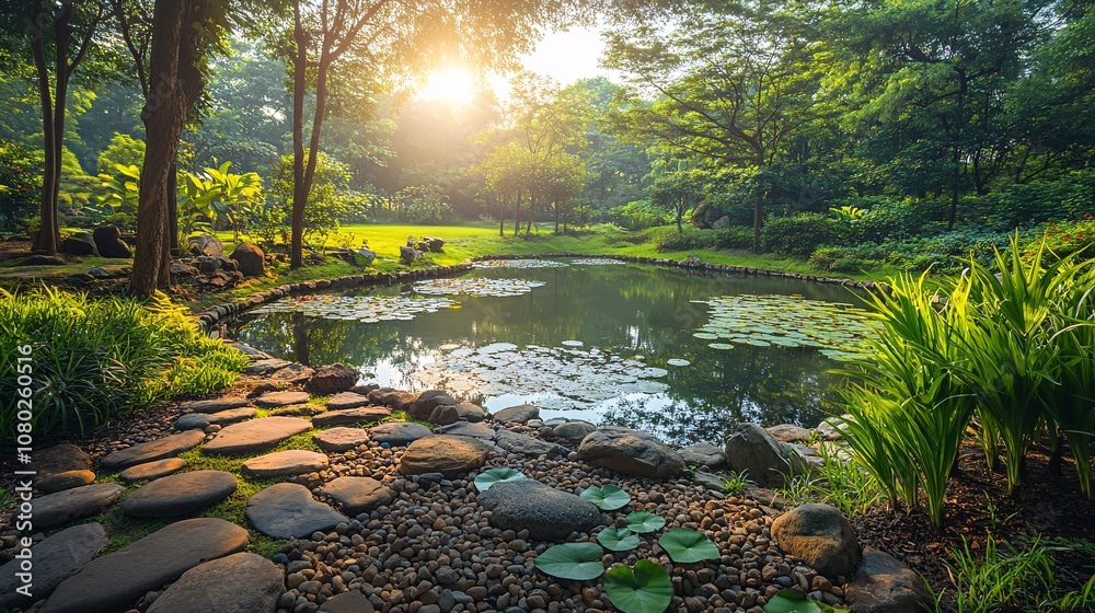 Aufkleber a tranquil japanese garden with carefully arranged stones and a peaceful pond surrounded by greenery