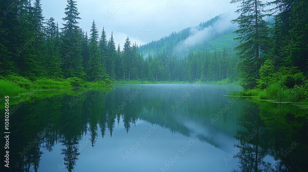 Fototapete Row of pine trees along a peaceful lake with still water and a mountain backdrop under a soft sky with side empty space for text Stockphoto style