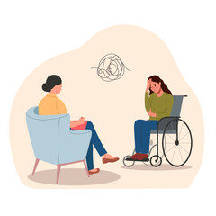 Sad young woman in wheelchair talking with psychologist on the chairs. Psychological consultation. Vector flat style illustration