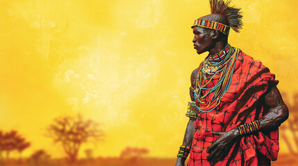 Fototapeta premium A vibrant Maasai warrior statue in traditional attire, set against a sunny yellow savannah backdrop