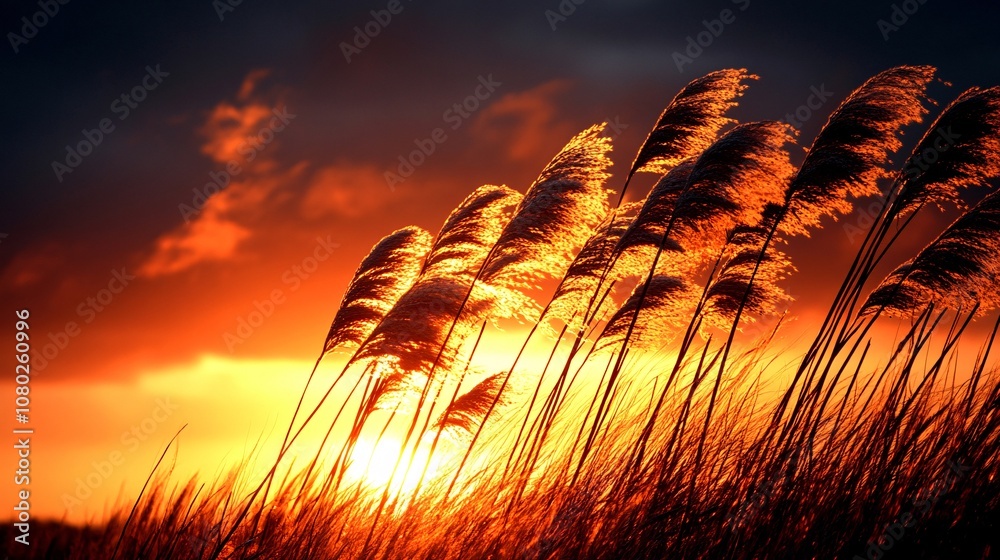 Poster golden sunset over a quiet rural field with tall grasses gently moving in the breeze with side empty