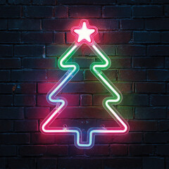 Neonowa choinka na tle ceglanej ścianki
