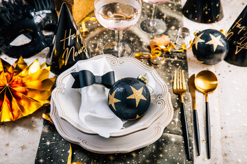 Elegant place setting for Christmas, New Years Eve, glasses of sparkling wine