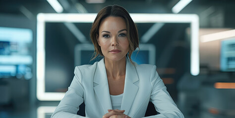 A seasoned female news anchor sitting at a sleek, minimalist news desk.