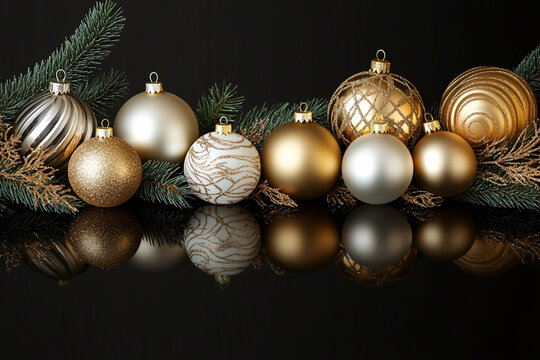 Christmas decorations with elegant gold and white ornaments on a black background. Ideal for festive greetings or promotional material.