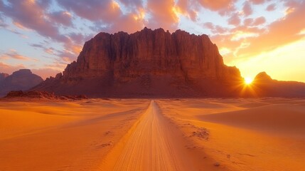 Fototapeta premium Sunset over a desert landscape with a mountain backdrop.