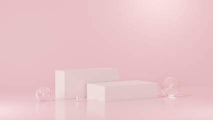 Background featuring an empty product display mockup with a pink backdrop and abstract geometric platforms designed for showcasing merchandise in landscape orientation.